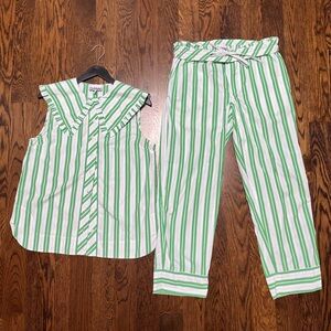 Ganni blouse/pant set: green/white stripe US M DK38 w/oversized ruffle collar